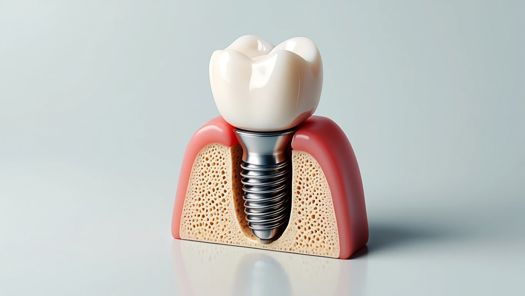 Modelo ilustrado de implante dentário mostrando pino, gengiva e coroa protética para explicar o procedimento.