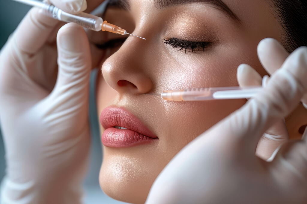 Aplicação de preenchimento ácido hialurônico na região das olheiras e sulcos nasolabiais para harmonização facial.