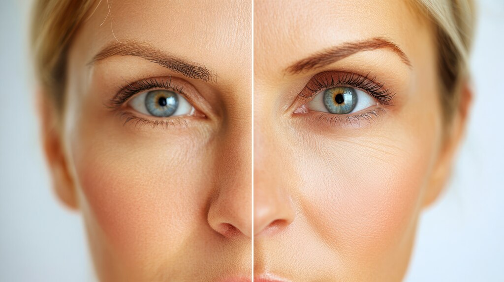 Close-up de antes e depois de procedimento de harmonização facial natural em pele madura, destacando a redução de olheiras, suavização de linhas finas ao redor dos olhos e arqueamento sutil da sobrancelha.