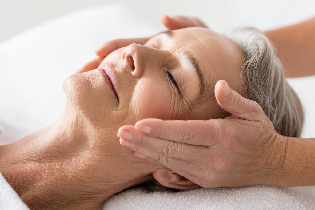 Mulher madura de olhos fechados recebendo massagem facial lifting para combater a flacidez facial e melhorar a firmeza da pele.